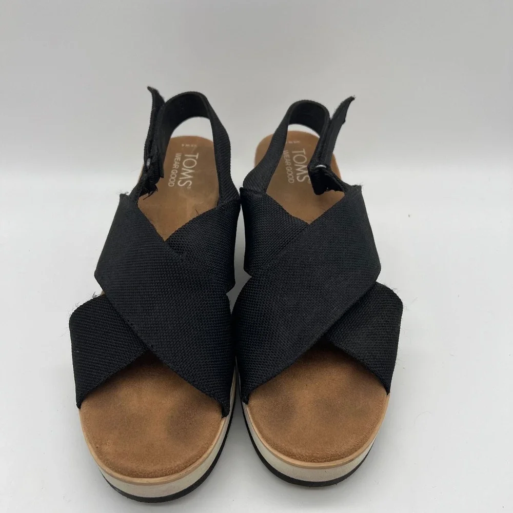 TOMS Dianna Crossover Platform Espadrille Wedge Sandals 8 Black Slingback Canvas